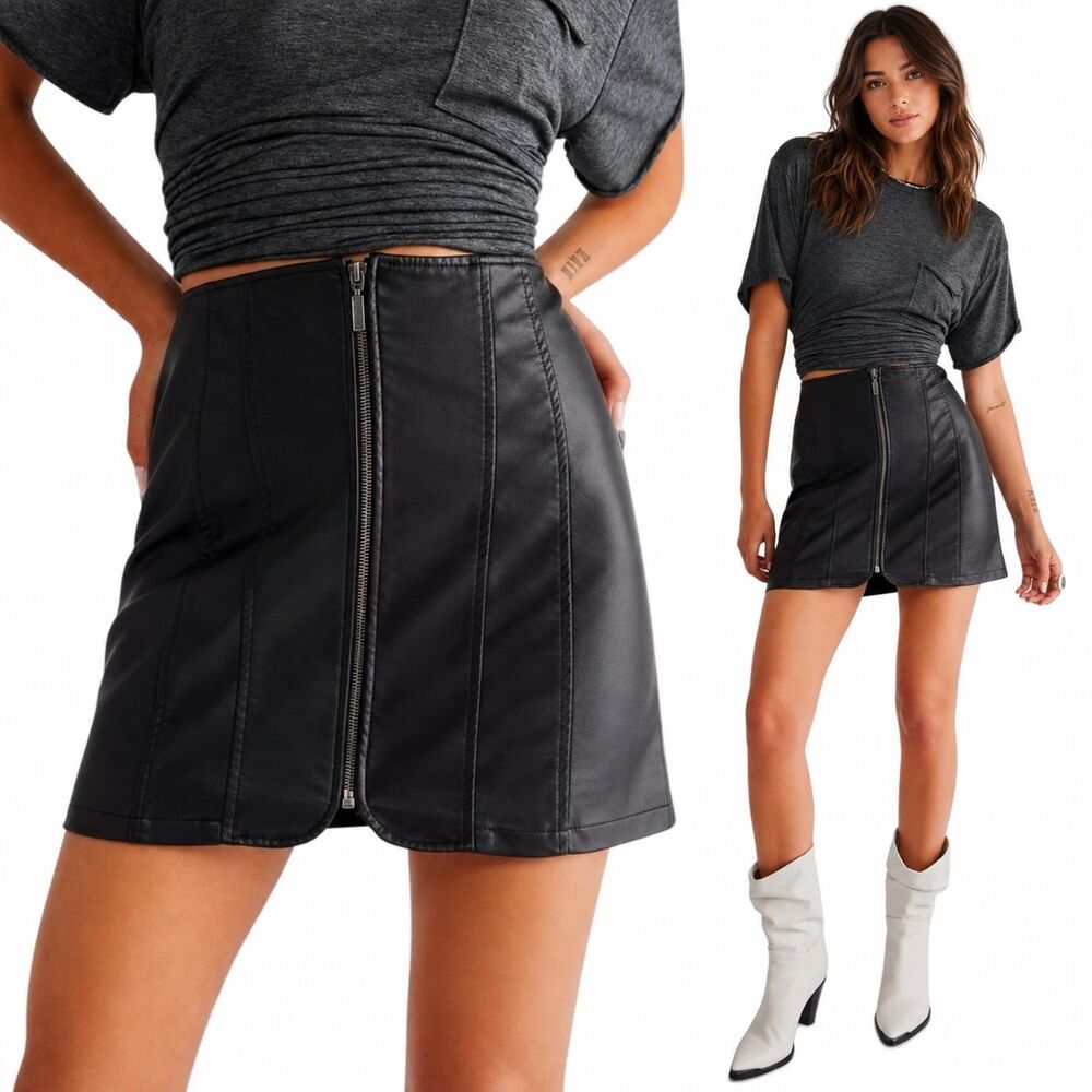 FREE PEOPLE Women's Mini Skirt Black 2 High Rise Zip Faux Leather OB1542699